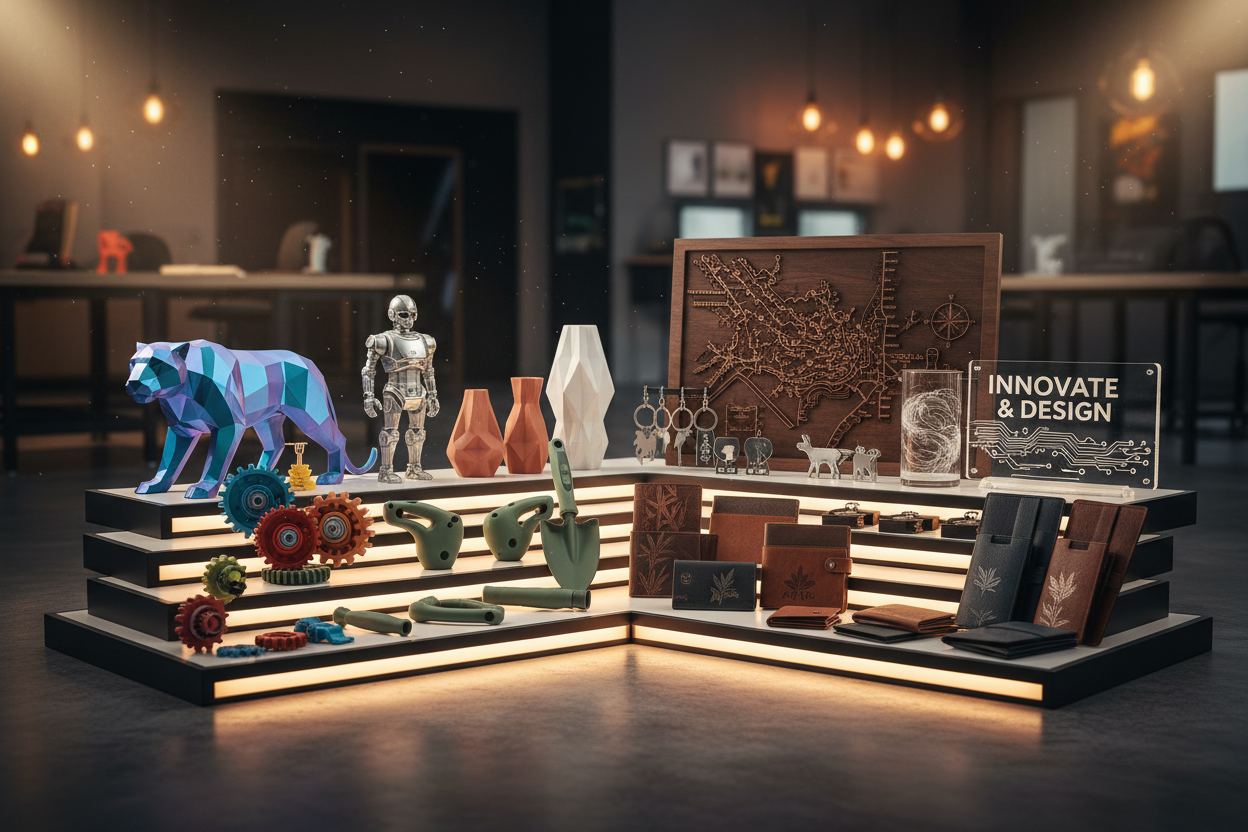 erstelle ein geiles blid wo man viele 3d gedruckte und viele lasergravierte artikel sieht. 